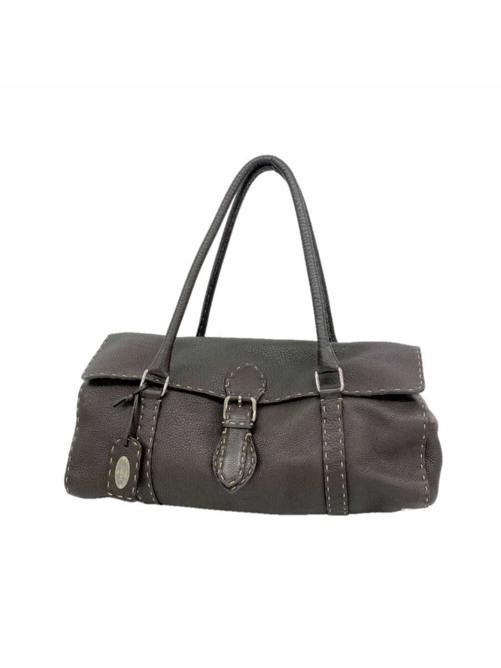 Fendi Handbag Selleria Leather Brown Silver